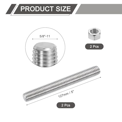 uxcell 5/8"-11 Fully All Threaded Rod, 2Pcs 304 Stainless Steel Long Threaded Screw 5" Length Right Hand Threads for Furniture Mounting Assembly Fastening 5"