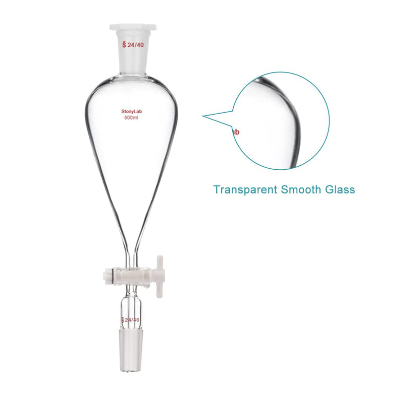 stonylab 500 mL Conical Pear-Shaped Separatory Funnel with PTFE Stopcock, Heavy Wall Borosilicate Glass, Top & Lower 24/40 Joints – Lab Liquid Separation 500.0 milliliters 1 XMK-Sep-Funnel-24/40-500ml