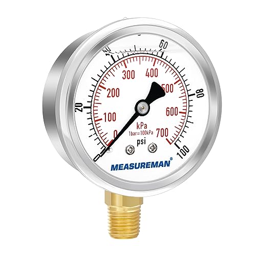 MEASUREMAN 0-100psi/kpa Liquid Filled Pressure Gauge with Brass Gauge Adaptor 1/4NPT Female，2-1/2 OAL x 1-2/5" x 1/8" Probe with Stainless Steel Sheath，Pressure Test Kit
