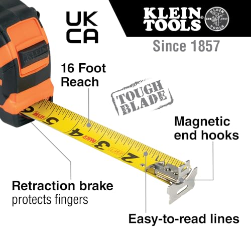 Klein Tools 9225 Tape Measure, Heavy-Duty Measuring Tape with 25-Foot Double-Hook Double-Sided Nylon Reinforced Blade, with Metal Belt Clip Orange/Black