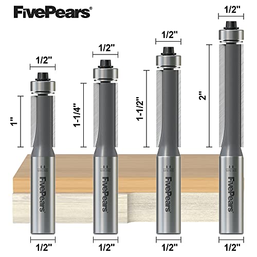 FivePears 4PCS Flush Trim Router Bits 1/2 Inch Shank, Bottom Bearing Flush Cut Trim Router Bit for Woodworking, 1/2 Inch Cutting Diameter, 1", 1-1/4", 1-1/2", 2" Cutting Length Shank Size: 1/2" 4 Bits Set - 1/2" Shank