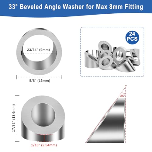 24 Pack Beveled Angle Washers 25/64", 33° Handrail Angle Washer Max for 5/16" Cable Railing Hardware Kit, Marine Grade SST316 Quality for Stair Deck Metal Wood Aluminum End Posts 24x Angle Washers