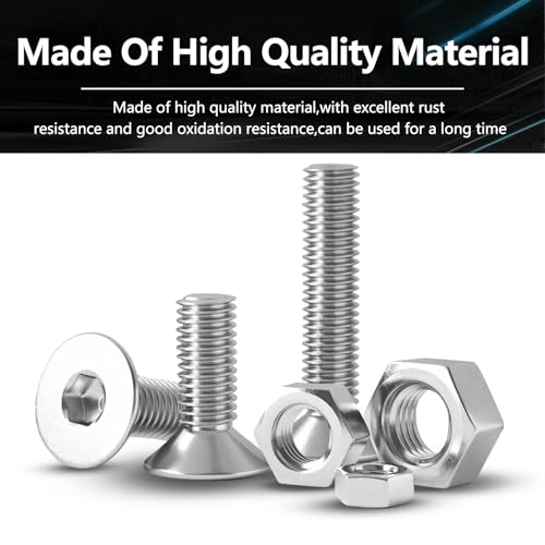 440 Pieces Flat Hex Socket Head Cap Screws Kit 304 Stainless Steel M3 M4 M5 Metric Thread Hexagon Allen Head Drive Countersunk Machine Bolts Nuts Standard Fastener Hardware Assortment Kit Set M3M4M5-440pcs