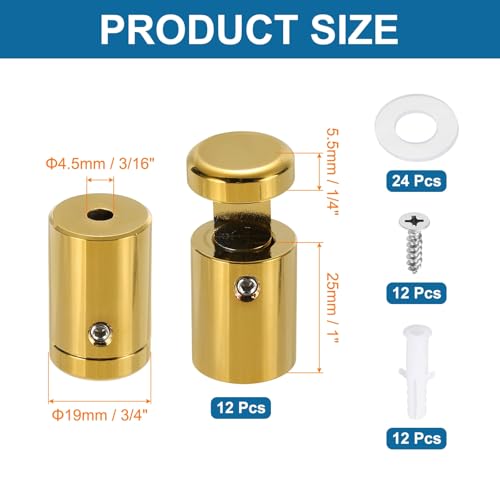 MECCANIXITY 12pcs Side Clamp Standoffs, 3/4" x 1" Gold Aluminum Standoff Screws Wall Sign Mounting Hardware Edge Grips for Acrylic Signs, Hanging Picture Frame, Advertising 3/4" x 1"