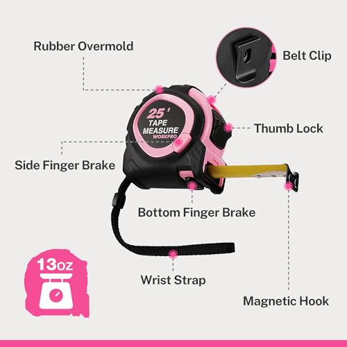 WORKPRO 25-FT Tape Measure with Fractions, 3 Brakes Retractable Measuring Tape, Compact Measurement Tape with Magnetic Hook, Nylon Coating Blade Accuracy 1/32”, Pink