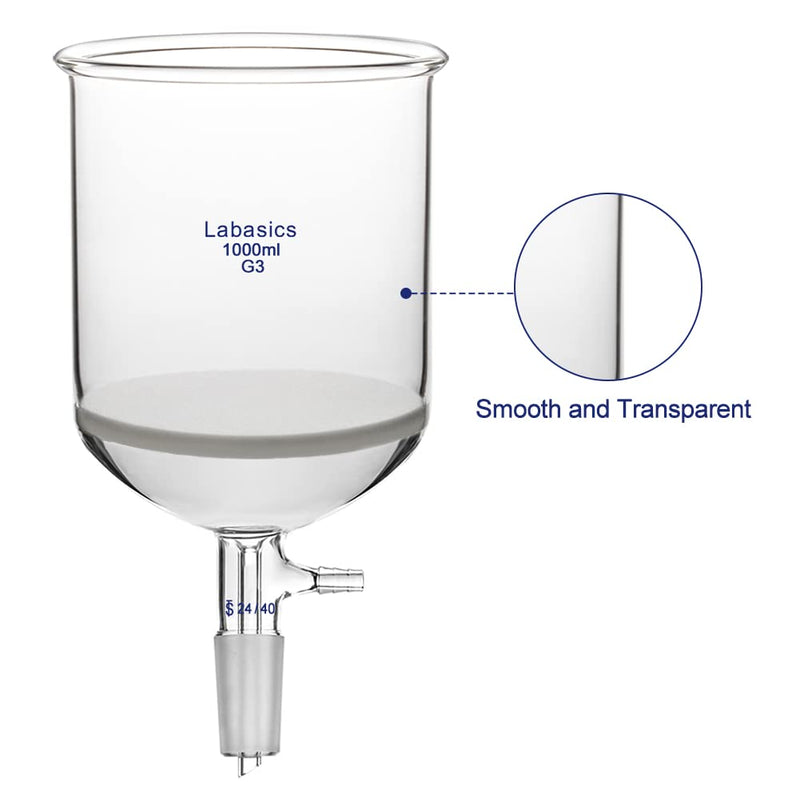 Labasics Borosilicate Glass Buchner Filtering Funnel with Coarse Frit (G1), 114mm Inner Diameter, 120mm Depth, with 24/40 Standard Taper Inner Joint and Vacuum Serrated Tubulation (1L) 1000 ml