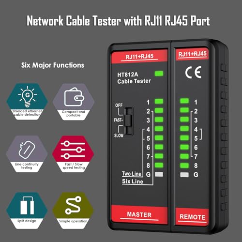 Network Cable Tester with RJ45 RJ11 Port, Ethernet Cable Tester, Ethernet Tester Tool Fast/Slow Testing, POE Test UTP/STP Cable Checker, Telephone Line Continuity Test for CAT5/CAT5E/CAT6/CAT6A/CAT7