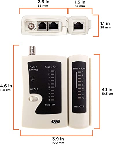 THE CIMPLE CO 3-in-1 RJ45, RJ11, BNC Cable Tester Tool - Universal Network, Telephone, and Coaxial Cable Tester - Tests Coax and Category Wire - White