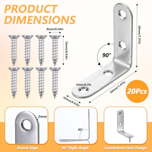 20 Pcs L Bracket Corner Braces 2 Inch Stainless Steel Heavy Duty Shelf Bracket for Wood Shelves, Wall Hanging Support 90 Degree Joint Right Angle Brackets with Screws