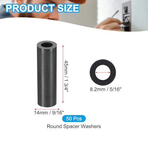 PATIKIL 50Pcs M8 ABS Spacers 5/16" ID x 9/16" OD x 1 3/4" L Plastic Round Spacer Washers Black Standoff Nut Unthreaded for M8 or 5/16 inch Screws Bolts Electrical Outlet