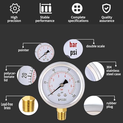 100 Psi Vacuum Pressure Gauge,Lead-Free Water Pressure Gauge, 2.5" Dial Size, 1/4" G Lower Mount, 304 Stainless Steel Case, for Pneumatic Air Compressor RV Regulator Valve Test(with Tape) 0-100 psi Lower Mount(Lead Free)