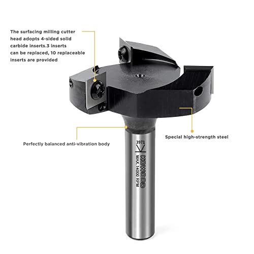 CNC Spoilboard Surfacing Router bit, 1/2'' Shank, 2-23/64'' Cut Dia, 15/32'' Cut Length, 3 Wings, Professional Woodworking Spoilboard Insert Carbide Bit by KOWOOD 2-23/64 inch cut dia