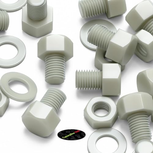 10x Natural Glass Filled Nylon Hex Head Screws M16 x 20mm, Nuts & Washers