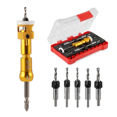 7 Pcs Countersink Drill Bit Set with Low Friction Depth Stop,82 Degree Carbide Tipped Countersink Bit(1/8"x3/8",9/64"x 3/8",5/32"x3/8",11/64"x1/2",3/16x1/2" ) with 1/4 Quick Release Hex Shank (Yellow) Yellow