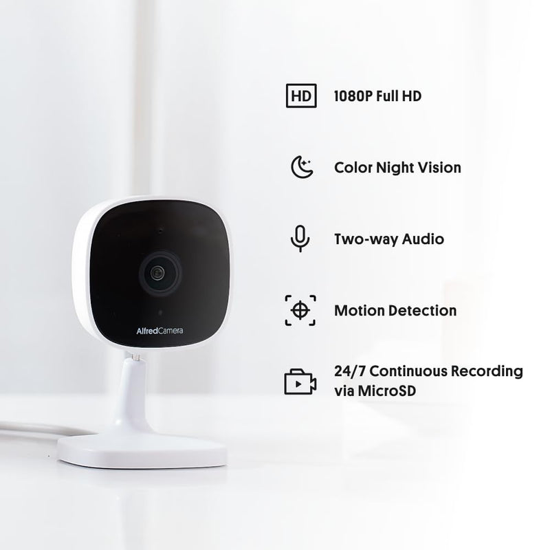 AlfredCam Indoor WiFi Security Camera, FullHD 1080P, 2.4G/WiFi, Continuous Recording, Motion Detection, Night Vision, Baby Monitor/Pet/Nanny Cam, App Powered (70M+ downloads)