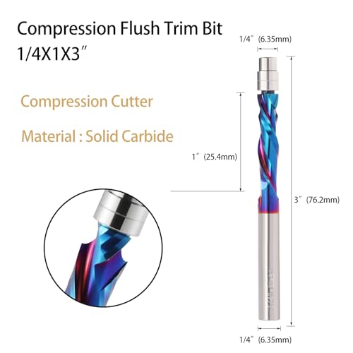Up Down Cut Compression Spiral Flush Trim Router Bit, 1/4 Inch Shank CNC Spiral Router Bits with Bottom Bearing Carbide Trim Router Bits CNC Bits with Nano Coating for Woodwork Trimming(2PCS) 2