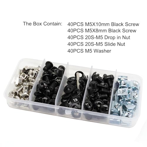 200Pcs 2020 Aluminum Extrusion M5 T Slot Nuts and Bolts Screws 20 Series Extruded Hardware Drop in T Nut Slide Nut M5x8 10mm for 20/20 80 20 2040 T V Slot Black Aluminum Profile Accessories 20 Series Type C
