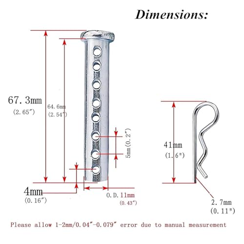 Heavy Duty Adjustable Clevis Pin Kit , 7/16 x 2.5inch Fastener Tool Zinc Steel 8 Holes W/ Matching R- Clip (8Sets) 8Sets