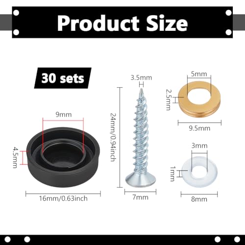 BENECREAT 30 Pack 304 Stainless Steel Mirror Screw Covers, 0.63inch Flat Round Decorative Caps, Hardware Screw Cover Caps for Glass Sign Advertising Board Decoration, Black