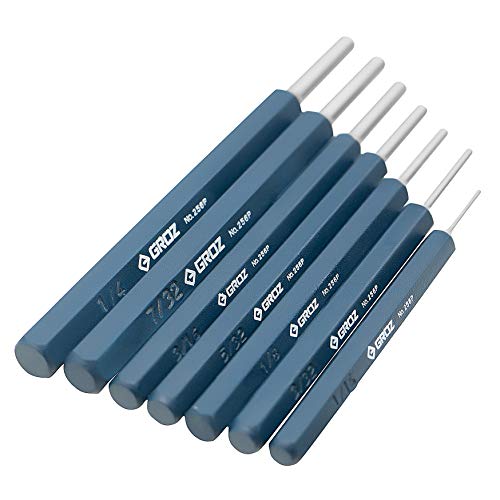 Groz Heavy Duty Pin Punch Set, 7-Piece Carbon Steel Drift Punches, 1/16", 3/32", 1/8", 5/32", 3/16", 7/32", 1/4", Hex Shank, 52-58 HRC, Vinyl Pouch (25611)