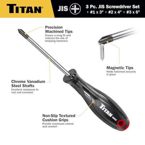 Titan 65885 3-Piece JIS Screwdriver Set with Magnetic Tips – Includes #1 x 3", #2 x 4", #3 x 6" – Designed for Japanese Standard Screws, Compatible with Japan-Made Cars, Trucks, and Motorcycles