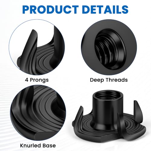 Mellewell M6 T-Nuts, Black Zinc Plated Steel 4-Pronged Tee Nut for Wood, Rock Climbing Holds, Furniture, 4-Jaw Threaded Insert for Bolts and Screws, 100 Pack Black Carbon Steel