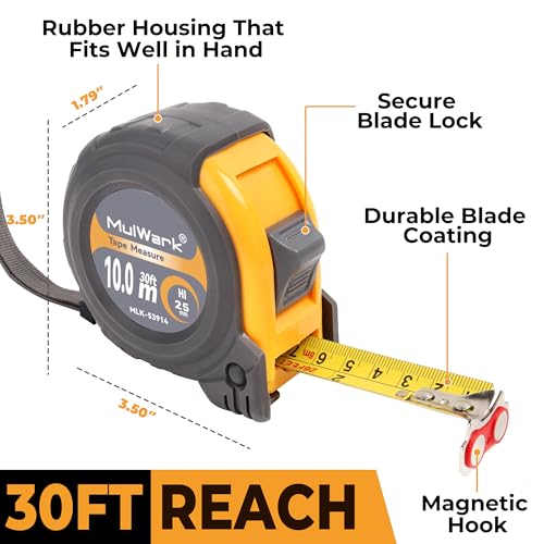 MulWark 30FT Metric Tape Measure, Easy Read Measuring Tape Retractable with Fractions 1/8, Both-Side Metal Blade, Magnetic Hook & Shockproof Case for Construction, Carpenter, Architect, Woodworking 30 ft Yellow-Grey