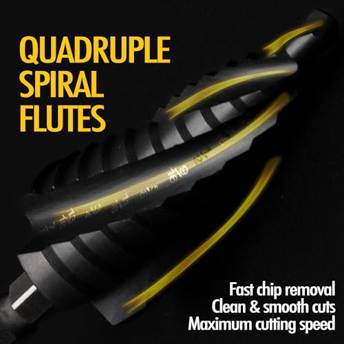 Four Spiral Flute Cobalt Step Drill Bit, 1/4" - 1-3/8" M35 TiAlN Coating Impact Ready Unibit Step Drill Bit, Tri-Flat Shank Shank Step Bit for Metal, Stainless Steel, Aluminum, Plastic 1/4" - 1-3/8"