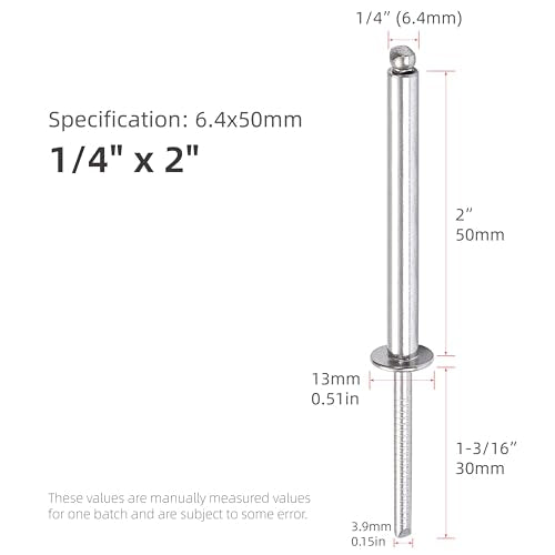 20Pcs Stainless Steel Extra Long Pop Rivets - Heavy Duty, 1/4"x2" 1/4"x2"