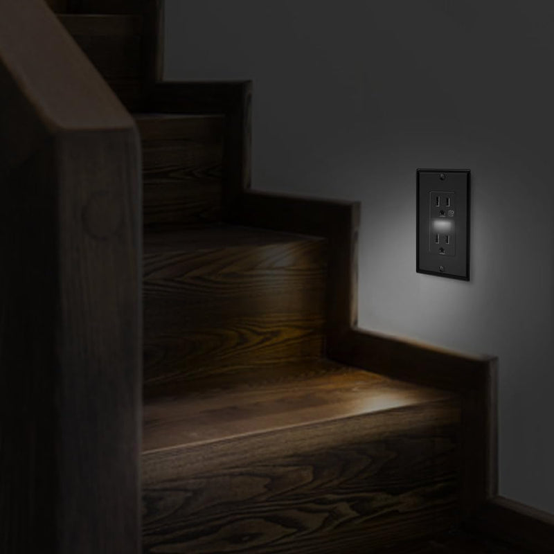 Black Wall Outlet Receptacle with Night Light,Electrical Receptacle Outlets,15A 125V, 2 Pole 3 Wire,Wall Plate Included,4 Pack