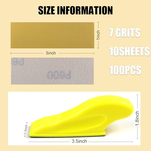 Micro Detail Sander Hand Sanding Block Kit 100 PCS 3.5”x 1”Mini Sandpaper Assortment 80 120 180 240 320 400 600 Grit for DIY Crafts Wood Finishing with Hand Sander Tool Small Sanders for Tight Spaces
