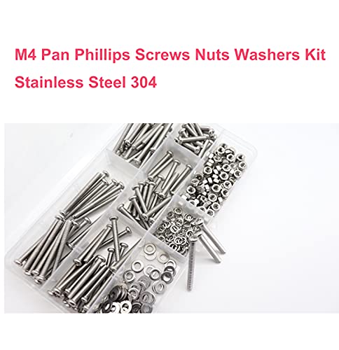 cSeao 340pcs M4 Pan Head Phillips Screws Nuts Washers Assortment Kit, 304 Stainless Steel, M4x 20mm/ 25mm/ 30mm/ 35mm/ 40mm 1. M4x20/25/30/35/40mm Screws Nuts Washers 340pcs