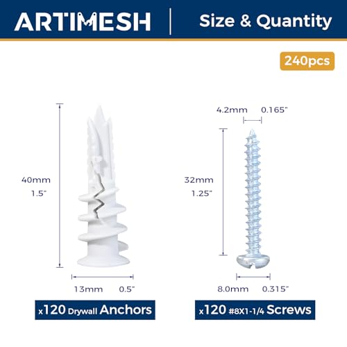 8# 240PCs Self Drilling Drywall Anchors Kit - 75LB Heavy Duty Plastic Drywall Hangers with 120 Self-Tapping Screws - Mounting Hardware for Sheetrock Anchors 240