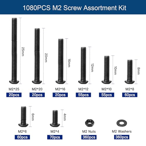 1080PCS M2 Screw Assortment Kit, M2x4/6/8/10/12/16/20/25mm M2 Screw Kits