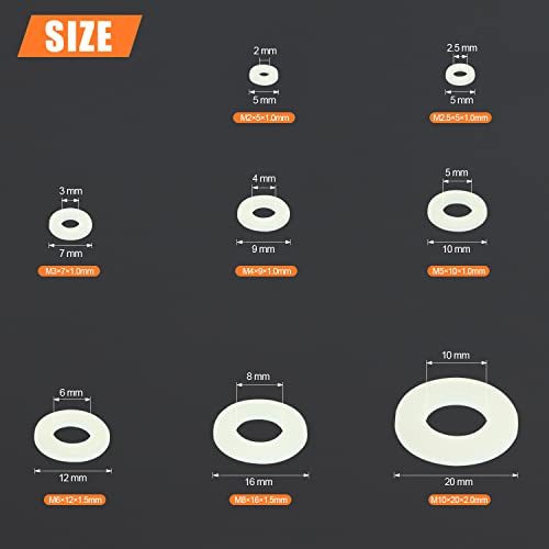 HELIFOUNER 1200 Pieces 8 Sizes White Nylon Flat Washers and Black Nylon Flat Washers Assortment Kit - M2 M2.5 M3 M4 M5 M6 M8 M10 White + Black