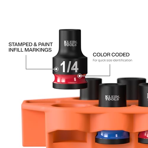 Klein Tools 33809 Grab-And-Go Impact Socket Set, SAE, 10-Piece Set with Sleeve, Carabiner, and 3/8-Inch Drive, Color-Coded 1/4, 5/16, 3/8, 7/16, 1/2, 9/16, 5/8, 11/16, and 3/4-Inch Sockets 10-Piece SAE
