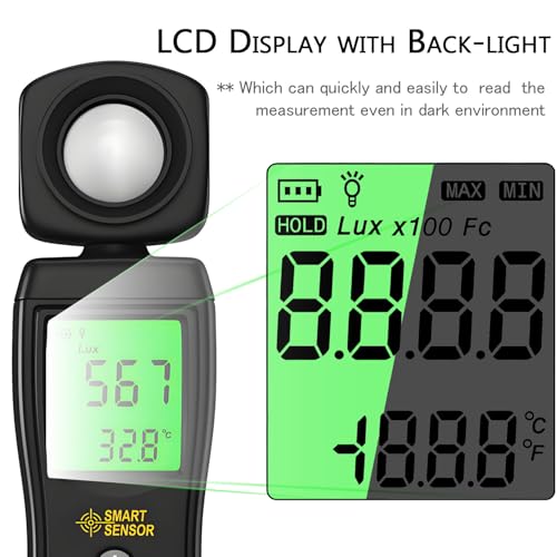 Digital Light Meter, Backlit LCD Display Lux/Foot Candles Meter with 180º Rotating Sensor, Range up to 200,000 Lux Luxmeter,for Photography Plants Lighting Intensity Brightness Measurement Black