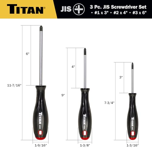 Titan 65885 3-Piece JIS Screwdriver Set with Magnetic Tips – Includes #1 x 3", #2 x 4", #3 x 6" – Designed for Japanese Standard Screws, Compatible with Japan-Made Cars, Trucks, and Motorcycles