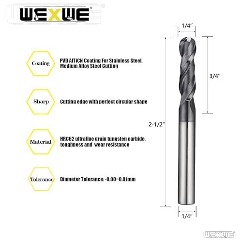 Tools Ball Nose Carbide End Mill, MAH Coating, CNC Cutting Tools for Stainless Steel,Hardened Steels,High Temp Alloys,Medium Alloy Steels, 2 Flute,1/4" Shank,Inch Size (Ball .25(1/4)", 2pcs) 1/4"DIA - 0.75"FL - 2.5"OL - 1/4Shank 2PC
