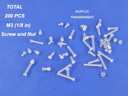 200 pcs Acrylic Screws and Nuts M3 Kit Metric Diameter 3mm