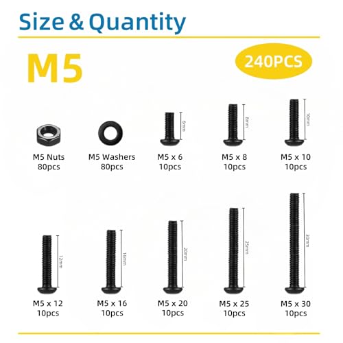 240 Pcs M5 Screws Assortment Kit, M5x6mm/8mm/10mm/12mm/16mm/20mm/25mm/30mm, Metric Hex Button Head Socket Cap Screws Nuts Washers Kit with Wrench, Black Zinc Plated M5 240Pcs 6mm-30mm