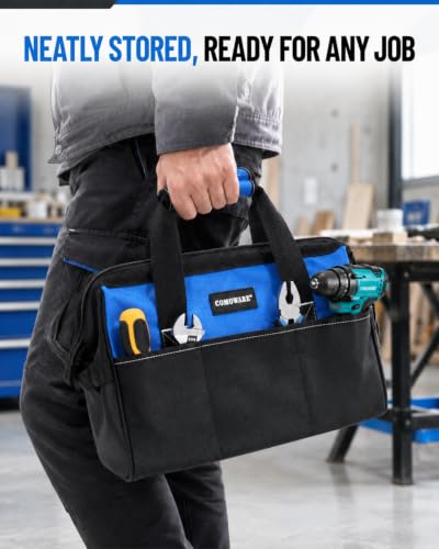 COMOWARE 13-Inch Tool Bag, Zip-top Wide Mouth Open top Tool Bag, Large Capacity Tool Organizer with Inside Pockets, Blue Tool Tote Bag for Carpenter, Mechanic and Home Repair