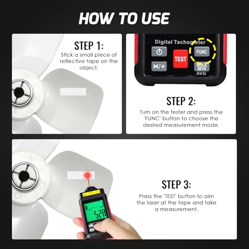 Digital Tachometer RPM Meter with LCD Display, Non-Contact and Contact Rotation Speed Tester, Handheld Motor Speed Gauge for Automotive, HVAC, Industrial Equipment