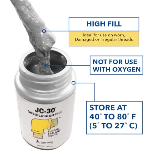 Gasoila Thread Sealant JC-30, High-Fill for Extreme Temperatures, Metal & PVC Sealant for Threads, Pipes, Valves, LP & Natural Gas, Fuel, Water, Cryogenics, High Pressure Seal, 1 Pint w/Brush