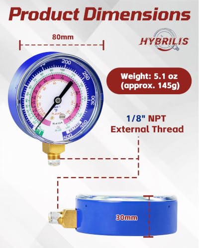 49138 Manifold Gauge, 3-1/8"(80 mm) HVAC Gauges, R-22, R-404A, R-410A
