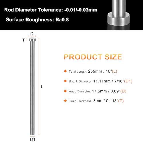 HARFINGTON 2pcs Straight Ejector Pin 7/16" Dia 255mm (10") Long GCR15 Round Tip Punches Steel Ejector Pin Punch for Die Manufacturing Mechanical Maintenance 7/16" Dia x 10" Long