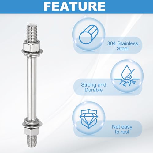 MECCANIXITY 4Set M10x85mm Double Ended Stud Screws, 304 Stainless Steel Dual Threaded Rod Bar Bolts Studs with Nut Washer for House Maintenance Structural Anchoring Fastening Screw 4