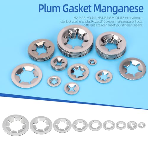 Glarks 210Pcs Metric M2 M2.5 M3 M4 M5 M6 M8 M10 M12 304 Stainless Steel Internal Tooth Star Lock Washers Assortment Kit External Push Rings Quick Speed Locking Washers with 1Pcs tweezer