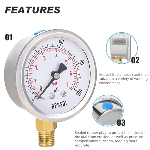 100 Psi Vacuum Pressure Gauge,Lead-Free Water Pressure Gauge, 2.5" Dial Size, 1/4" G Lower Mount, 304 Stainless Steel Case, for Pneumatic Air Compressor RV Regulator Valve Test(with Tape) 0-100 psi Lower Mount(Lead Free)