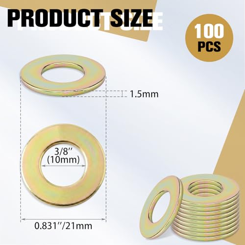 100 Pcs 3/8 Inch Grade 8 Flat Washer Alloy Steel Yellow Zin 100